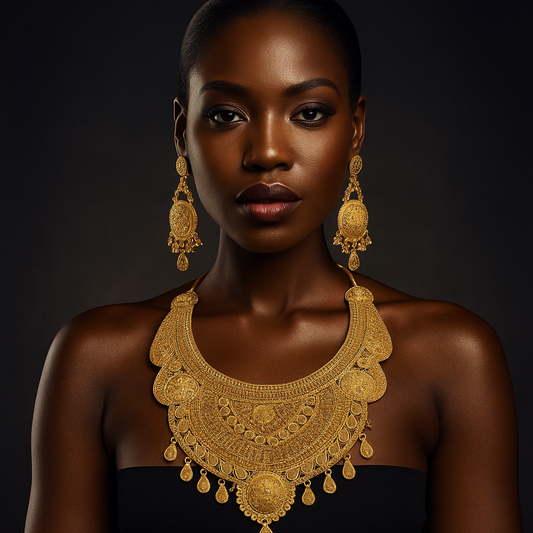 Woman wearing a gold necklace and earrings against a dark background