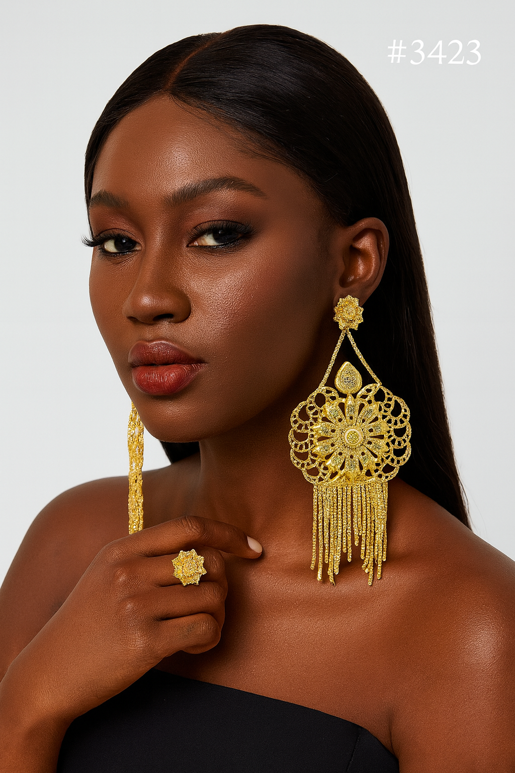 Gold Plated Designer Earrings Combo Finger Ring, PMJ Model No: 3423