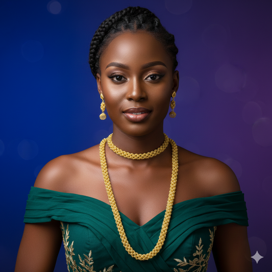 Woman wearing a green off-shoulder dress with gold jewelry against a blue and purple gradient background