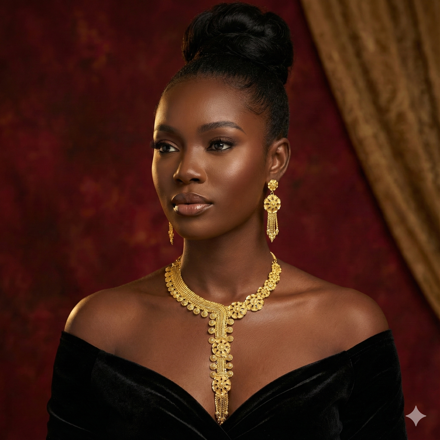 Woman wearing gold jewelry against a red curtain background