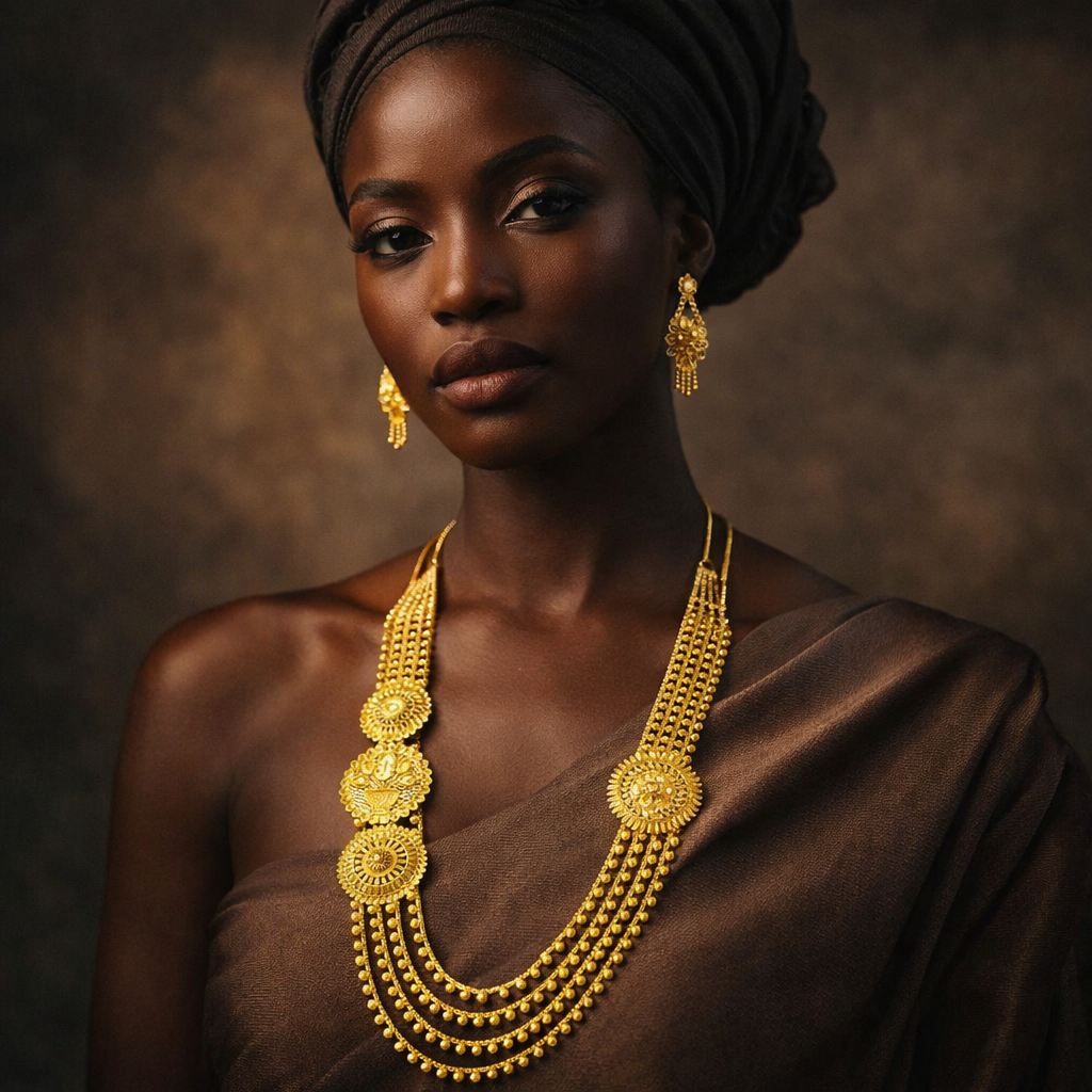 Woman wearing gold jewelry against a brown background