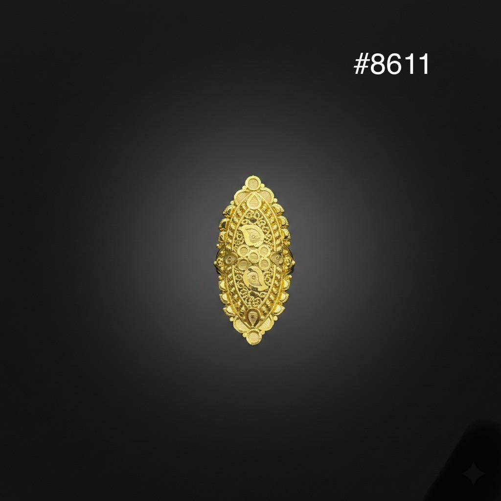 Ornate gold vintage pendant or brooch with intricate filigree and floral details, centered on a black background; elegant, luxurious tone, #8611.