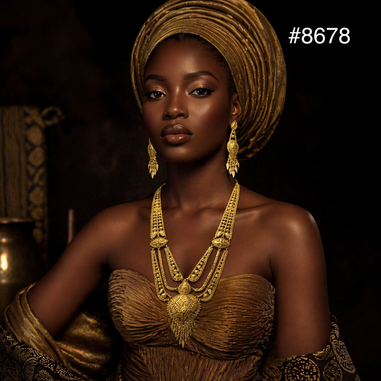 Elegant Black woman in a bronze-gold headwrap, jewelry, and gown, posed confidently in a dim, regal setting; portrait #8678.