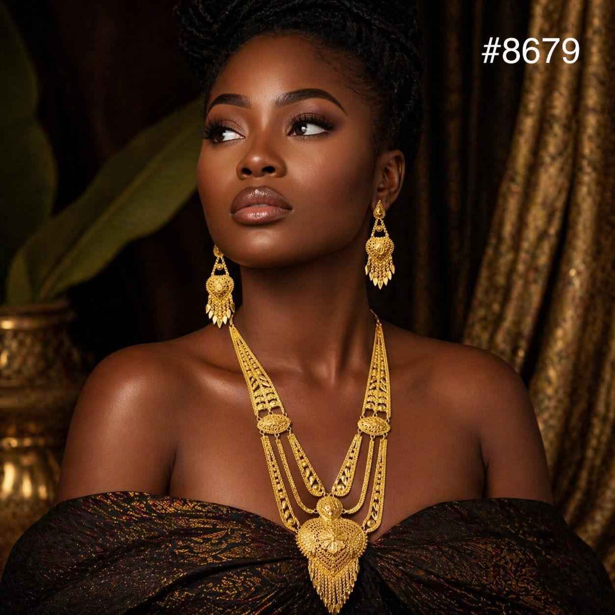 Elegant Black woman in a black and gold gown, wearing ornate gold jewelry, gazing aside against a luxurious, warm-toned backdrop.