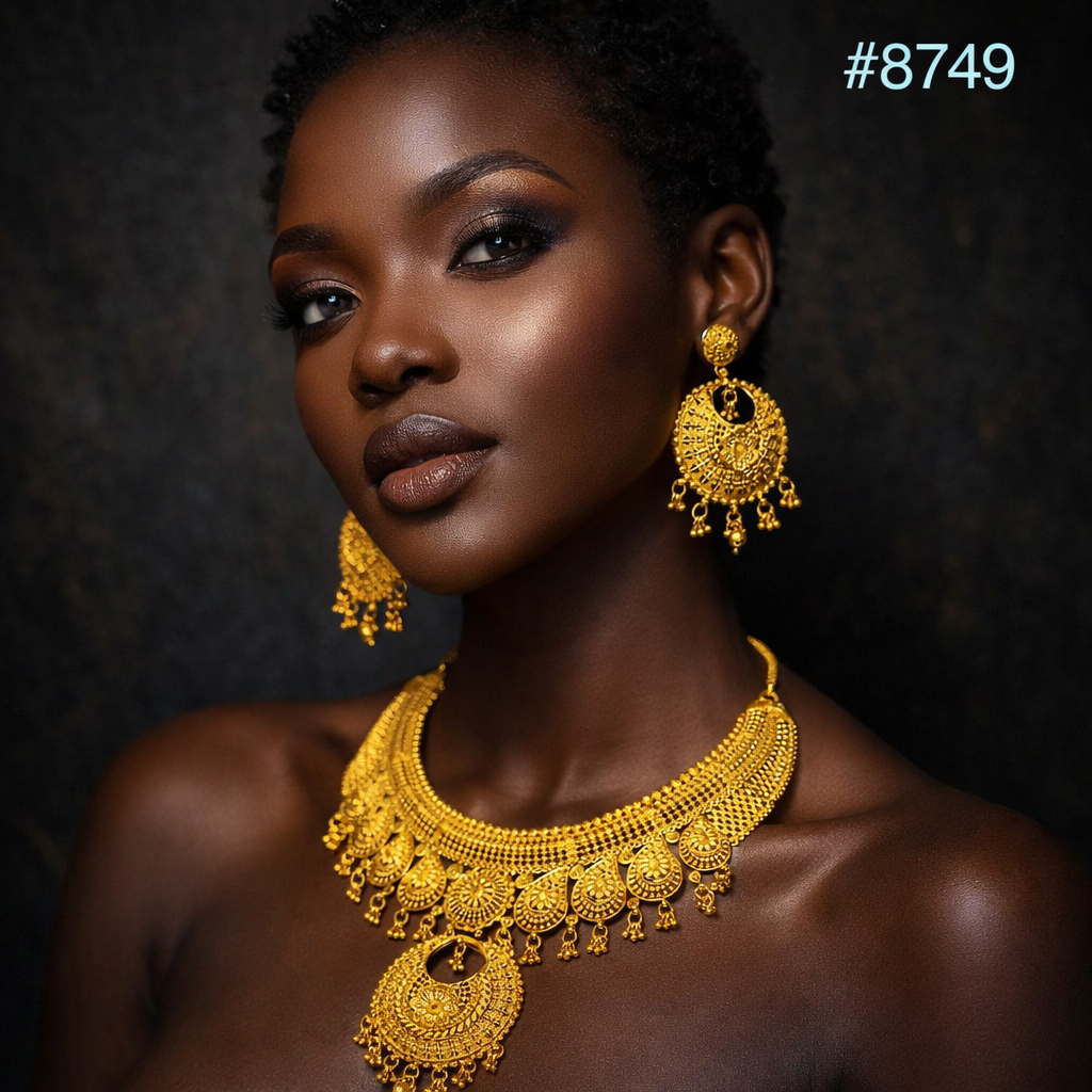 Elegant woman with short hair, wearing intricate gold earrings and necklace against a dark background. Her expression is confident. #8749