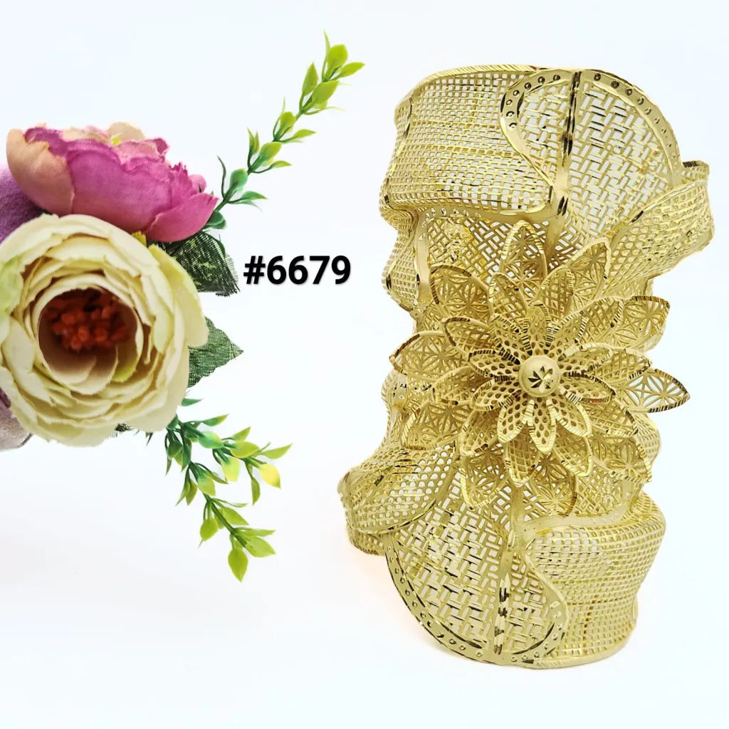 Gold Plated Adjustable Broad Bracelet Flower Design Style Jewelry Sale Model No: 6679