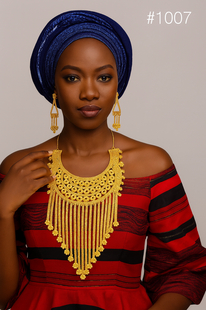 PMJ Wavy Gold Plated Beautiful Big Long Necklace Set with EarringsStud Jewelry Sale MODEL : 1007