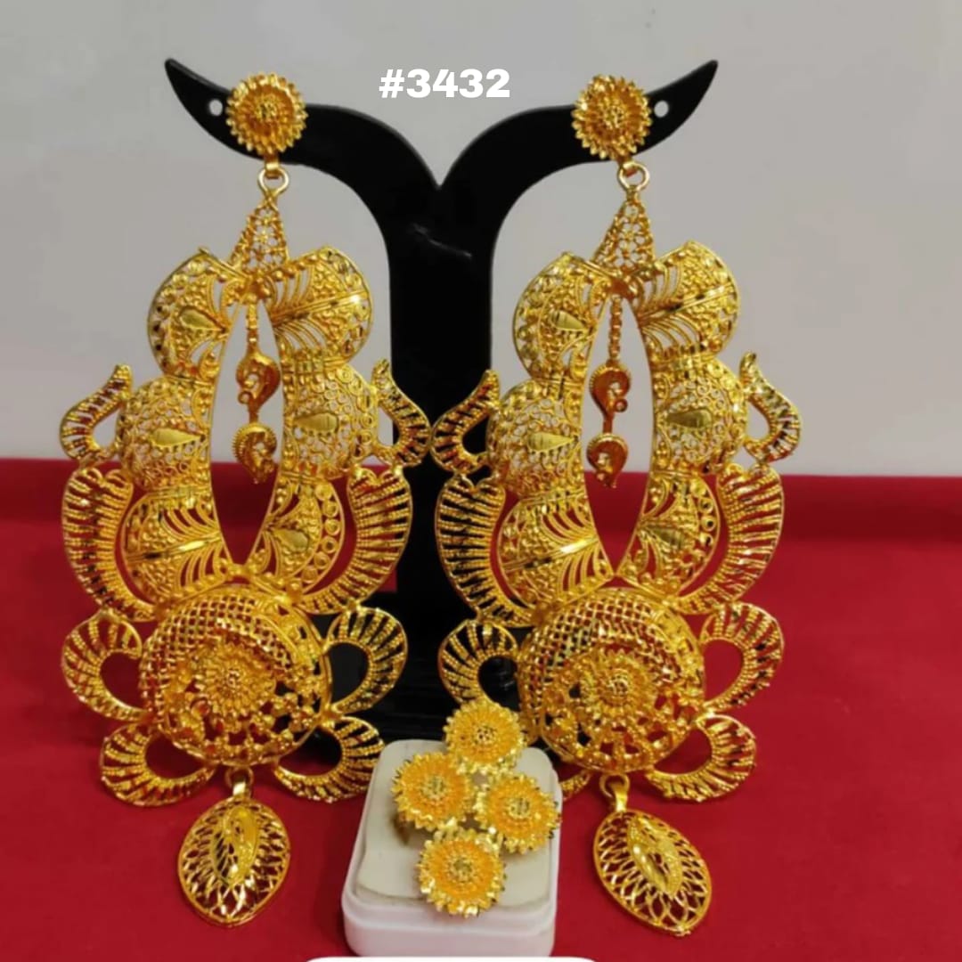 Gold Plated Designer Earrings Combo Finger Ring, PMJ Model No: 3432