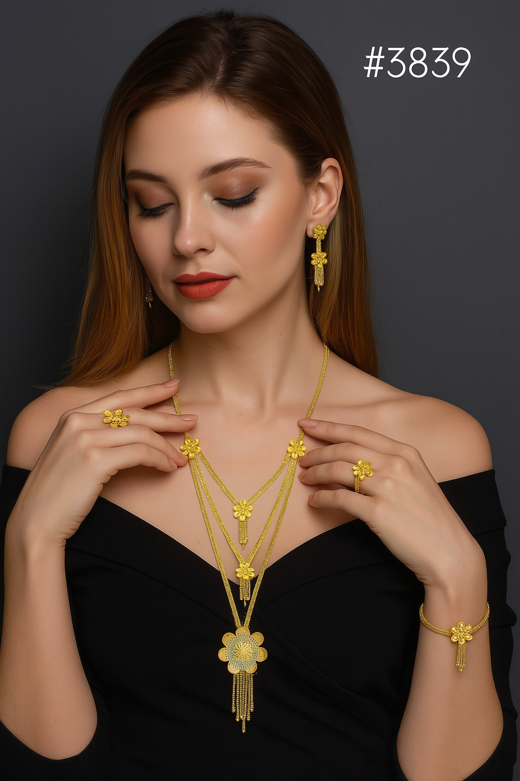 Exclusive Gold Plated Long Necklaces Set, PMJ Model No: 3839