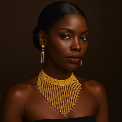 Portrait of a poised Black woman with sleek hair, ornate gold chandelier earrings, and a layered gold necklace against a dark background.
