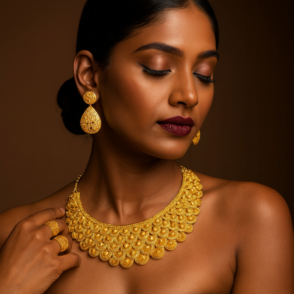 Portrait of a woman with closed eyes wearing an ornate gold necklace, matching earrings, and rings against a warm brown background; elegant, serene mood.
