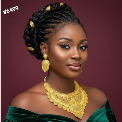 Woman wearing gold jewelry against a dark background