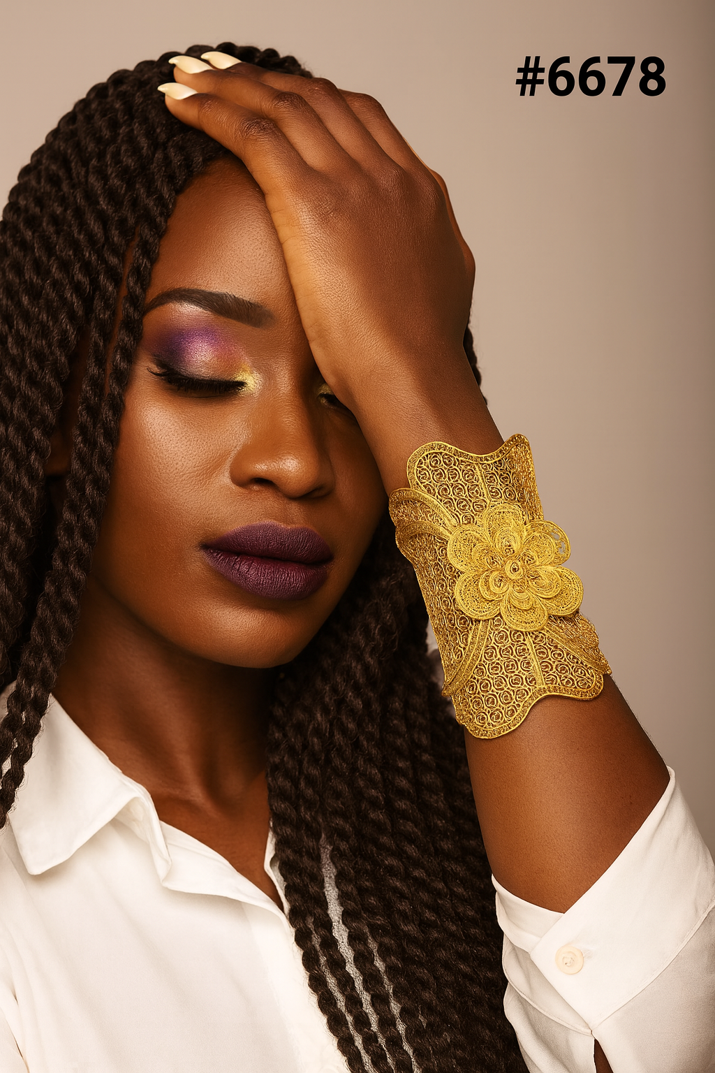 Portrait of a Black woman with braided hair, purple-gold eyeshadow, and ornate gold cuff, posing with hand on her head; elegant, contemplative mood.