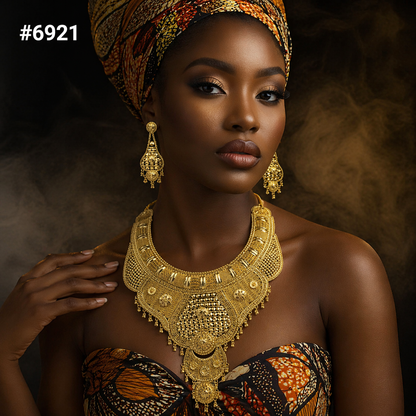 A woman wearing a colorful headwrap and strapless dress with a bold pattern poses against a dark background. She accessorizes with large, intricate gold jewelry, including earrings and a statement necklace. The number 6921 appears at the top left.