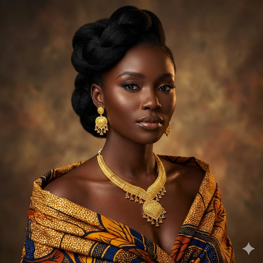 Woman wearing gold jewelry and traditional attire against a warm brown background