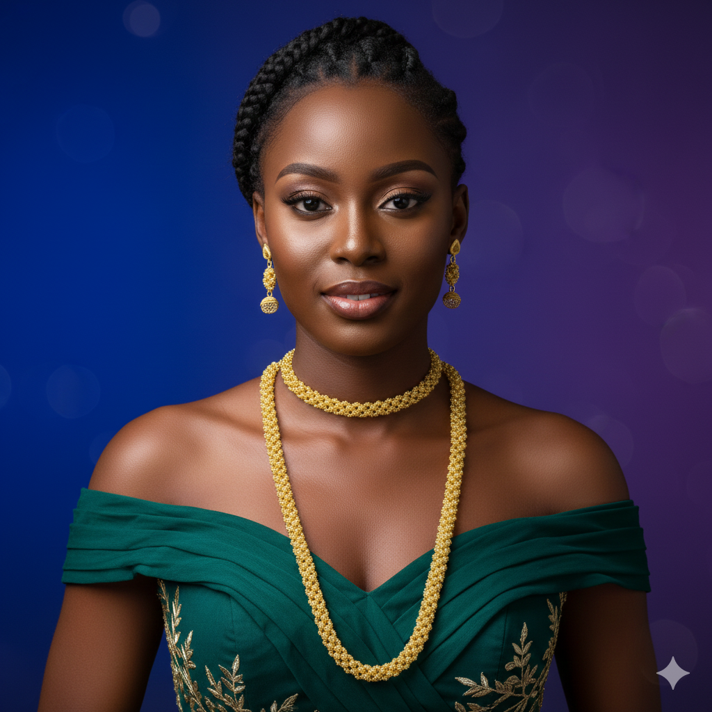 Woman wearing a green off-shoulder dress with gold jewelry against a blue and purple gradient background