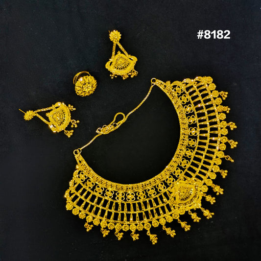 Gold necklace and earrings set on a black background with product number #8182.