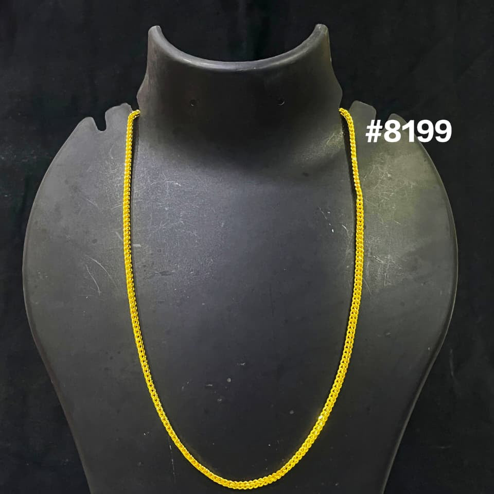 Yellow rope necklace on a black mannequin with '#8199' text.