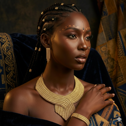 Woman wearing traditional jewelry and attire with a dark background