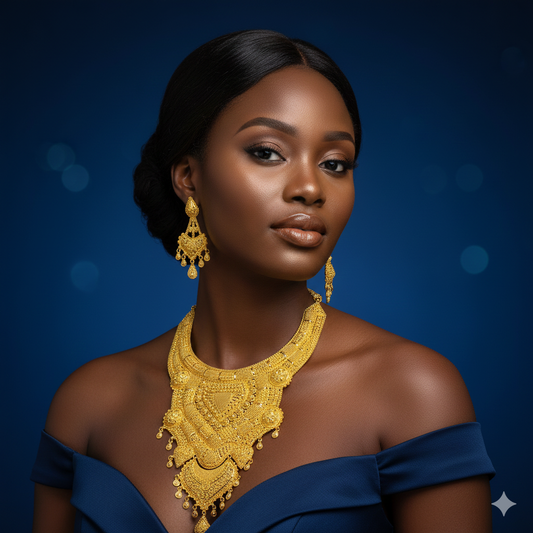 Woman wearing gold jewelry against a blue background