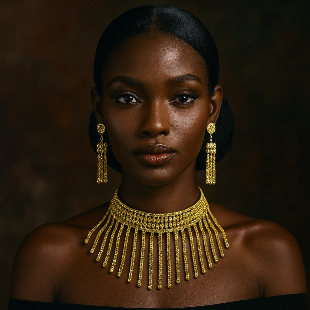 Close-up portrait of a Black woman with a steady gaze, wearing ornate gold earrings and a layered collar necklace against a dark, regal backdrop.