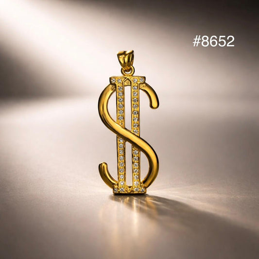 Gold dollar sign pendant on a reflective surface with a gradient background