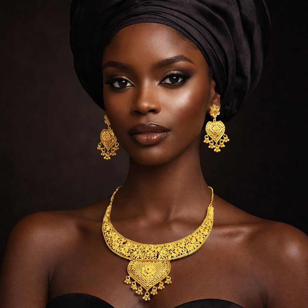 Woman wearing a black headwrap and elegant gold jewelry, including ornate earrings and a matching necklace, set against a dark background.