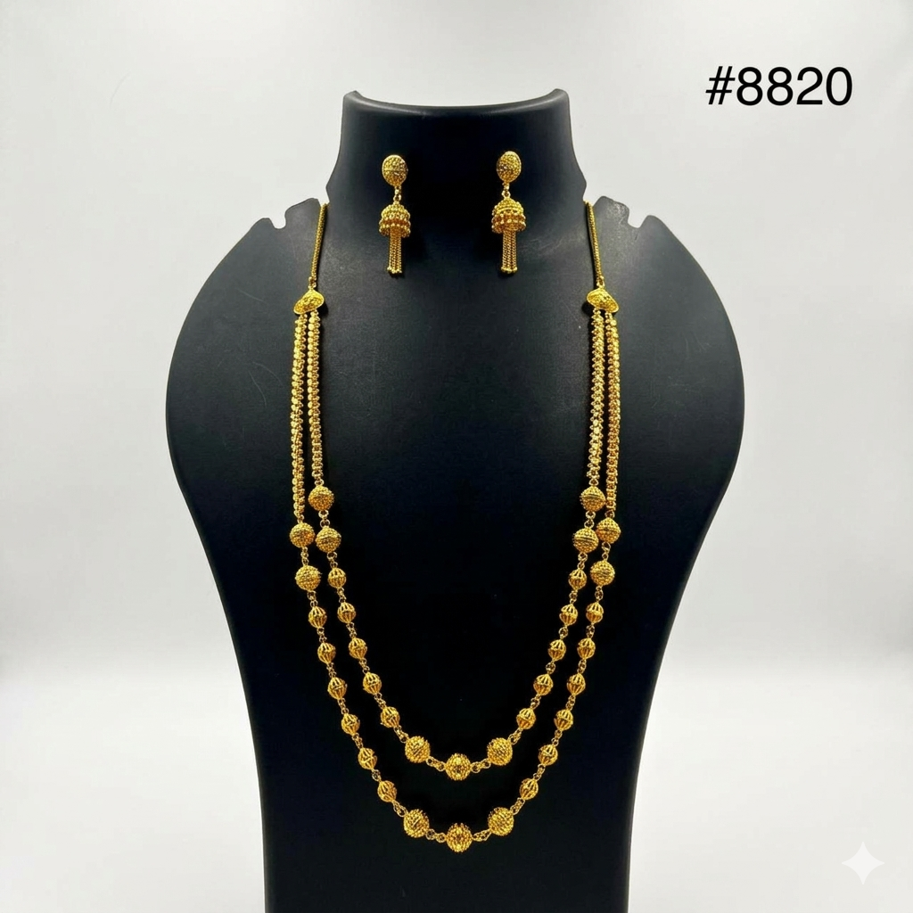 Gold-plated jewelry set displayed on a black stand, featuring a double-layered beaded necklace and matching drop earrings, with the number #8820 in the top right corner.
