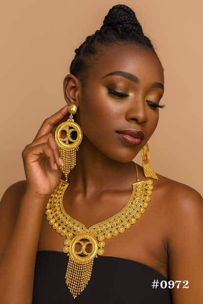 PMJ Ravishing Gold Plated Beautiful Short Necklace Set with Earrings Statement Jewelry Sale MODEL : 972