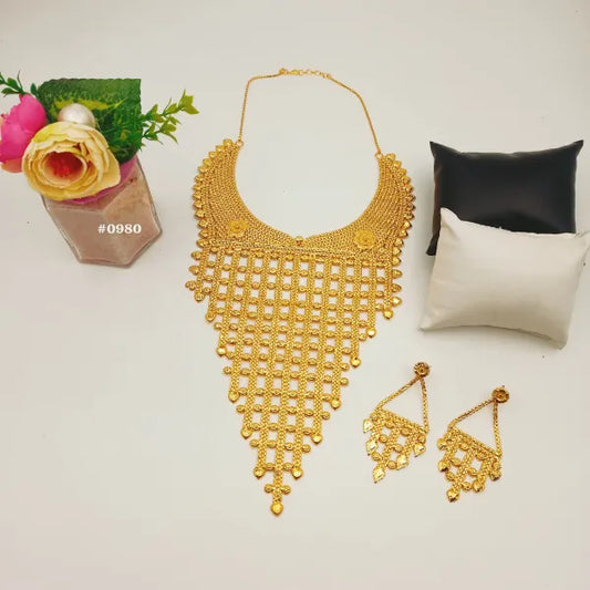 PMJ Brilliant Gold Plated Beautiful Big Long Necklace Set with Earrings Costume Jewelry Sale MODEL : 980