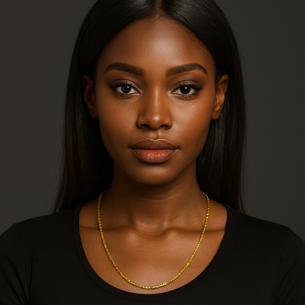 Woman wearing a gold necklace against a dark background