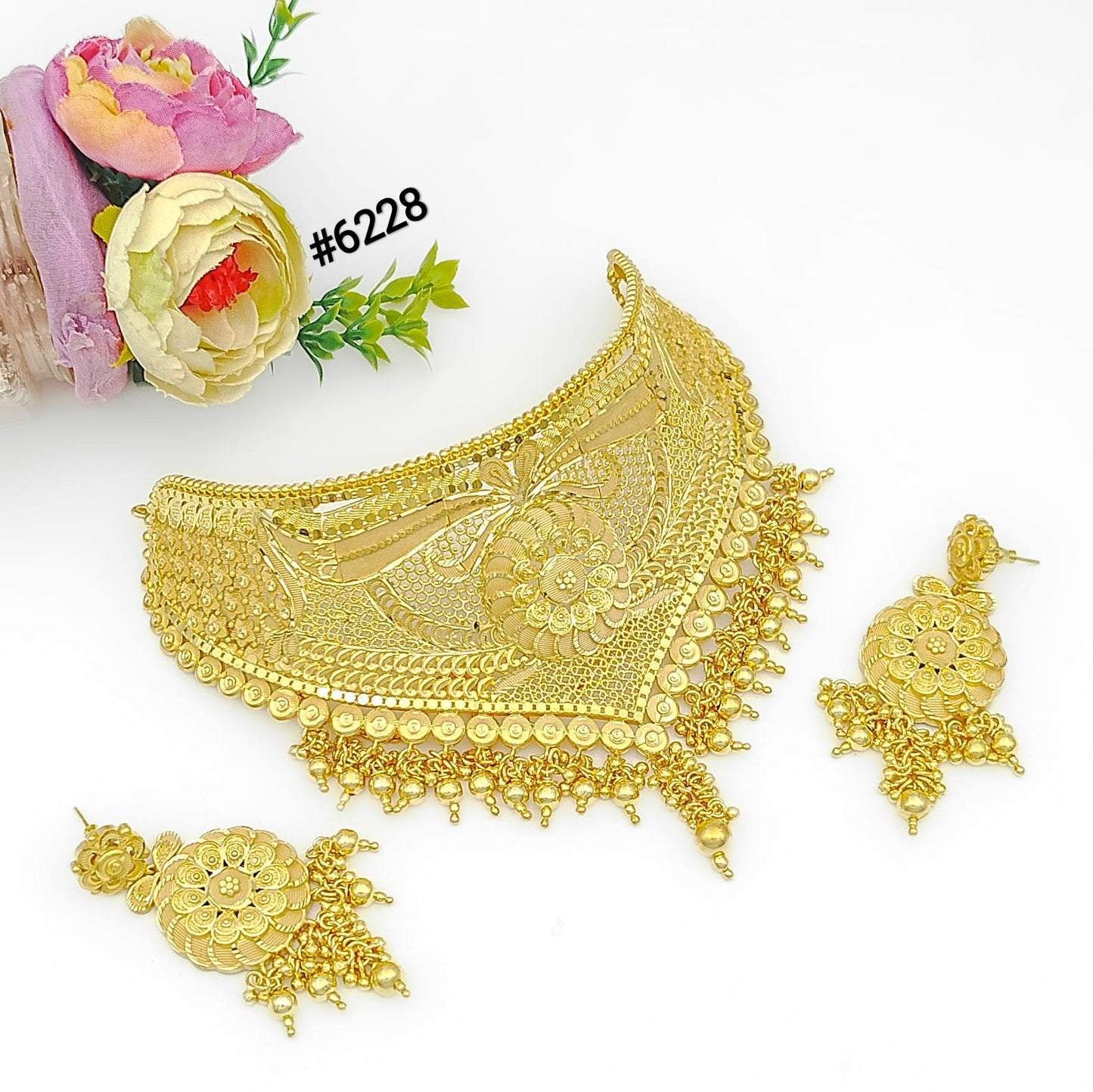 Gold Plated Hand Made Short Chokkar Necklace Set, PMJ Model No: 6228