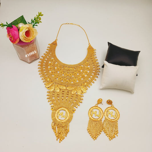 PMJ Glittery Gold Plated Beautiful Big Long Necklace Set with Earrings Handmade Jewelry Sale MODEL : 1003